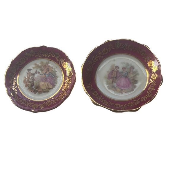 Vtg Limoges France La Reine Courting Couple Miniature Plate Set Magenta Gold - Picture 1 of 7